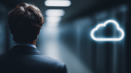 A silhouette of a man in a modern corridor looks toward a futuristic digital cloud, symbolizing data management and technological innovation. 