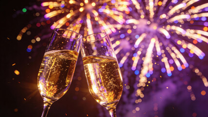 Two champagne flutes clinking with fireworks in the background during a celebration