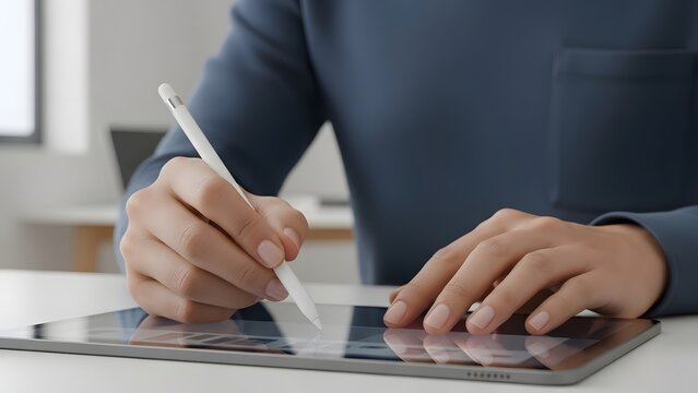 Close up hands of woman using digital pen for drawing on tablet in modern office
