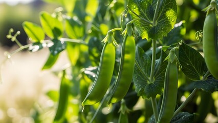 Obraz premium green beans in the garden, Green broad bean pods grow on plant stem. Young fava legume produce hang from branch ready for picking. Healthy organic food ingredient from garden.