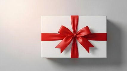 A pristine white gift box adorned with a vibrant red ribbon and bow
