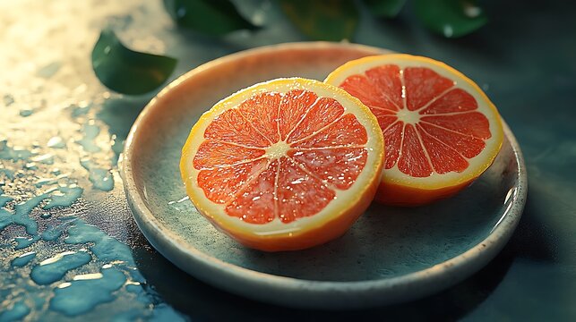 Vibrant grapefruit halves on a textured plate bathed in soft, natural light - Powered by Adobe