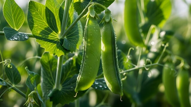 green beans in the garden, Green broad bean pods grow on plant stem. Young fava legume produce hang from branch ready for picking. Healthy organic food ingredient from garden.