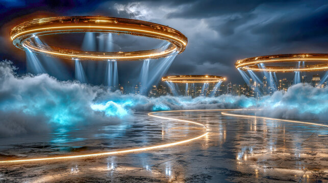 Surreal glowing rings illuminate a futuristic tunnel surrounded by luminous haze and radiant colors at dusk