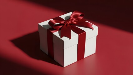A beautifully wrapped white gift box with a vibrant red ribbon and bow