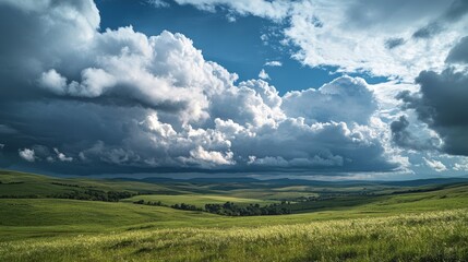 Fototapeta premium 99.A stunning wide-angle landscape capturing a dramatic contrast between fluffy white clouds and an approaching summer storm, casting deep shadows over the green rolling hills below.