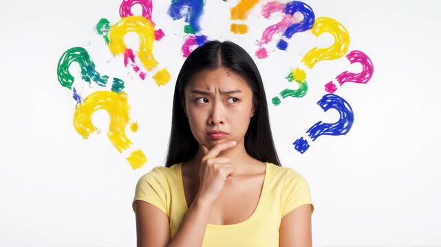 Confused Asian Woman Scratching Head With Question Marks Animation