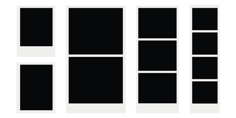 Collection of blank polaroid style photo frames and vertical photo booth strips. vintage scrapbook album memory preservation and instant photography design symbol. vector illustration.