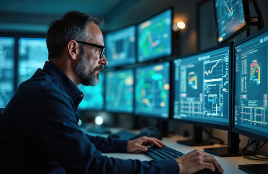 Man works in control room looking at multiple screens showing data graphs charts. He types on keyboard monitoring system activity. Pro operator manages complex process in modern data center. - Powered by Adobe