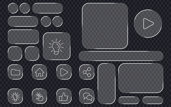 Transparent glass user interface elements kit on transparent background. Modern UI design components. buttons, forms, and outlined icon symbol. vector illustration.