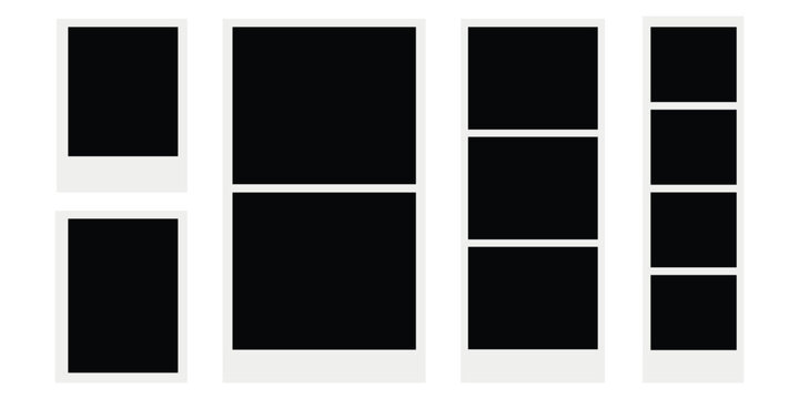 Collection of blank polaroid style photo frames and vertical photo booth strips. vintage scrapbook album memory preservation and instant photography design symbol. vector illustration.
