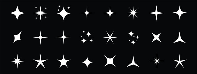 Diverse collection of shimmering white sparkle and starburst icon on black background. Sparkle, stars, shine symbol. vector illustration. © MdNurul