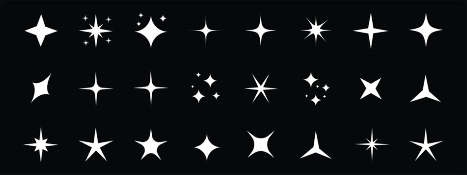Diverse collection of shimmering white sparkle and starburst icon on black background. Sparkle, stars, shine symbol. vector illustration.