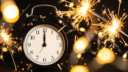 A black alarm clock showing midnight surrounded by sparkling fireworks and glowing lights.