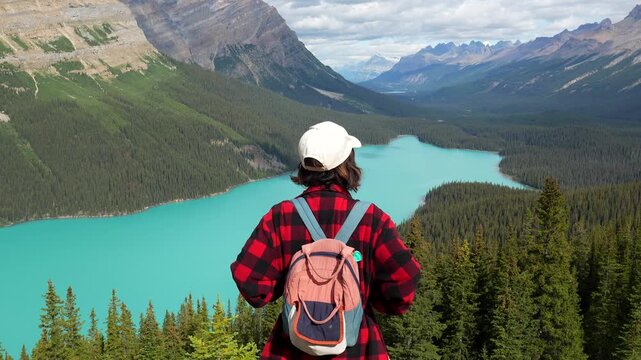 Majestic peyote lake nestled within banff national park, featuring turquoise waters surrounded by canadian rockies, with backpacking tourist wearing cap and absorbing panoramic wilderness landscape
