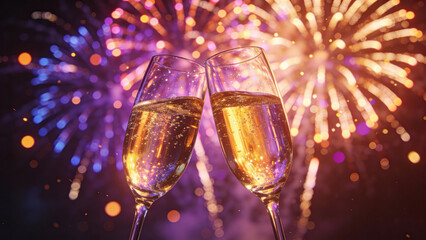 Two champagne glasses clinking with fireworks in the background