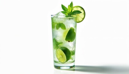 Tall glass with mojito cocktail, ice cubes, lime slices, and mint leaves. Refreshing cold alcoholic beverage for summer party or bar menu. Perfect for hot days.