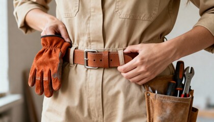 Close-up of a female worker in coveralls adjusting her tool belt with gloves. Handywoman preparing for a construction or DIY home improvement project