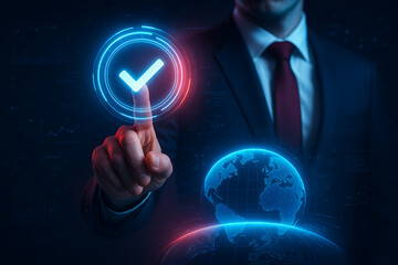 Businessman Touching Digital Checkmark Icon Representing Online Security Verification