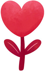 Whimsical heart-shaped flower illustration with stem and leaves. Romantic floral concept perfect for Valentine&rsquo;s Day, love themes, greeting cards, posters, and decorative designs.