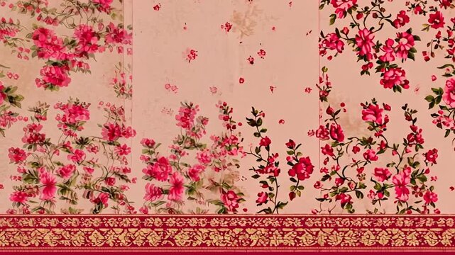 A floral design with vibrant red flowers and green leaves on a soft blush-toned background