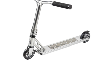 Sleek metallic stunt scooter showcasing durable construction for extreme sports and urban transportation needs on transparent background