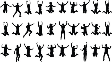 Jumping people silhouette set, energetic men and women celebrating success with raised arms poses, dynamic action figures collection, black vector shapes isolated on white background