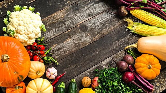 A rustic still-life arrangement features colorful vegetables such as pumpkins, corn, and beets