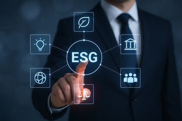 Corporate ESG governance concept with environmental, social, and ethical icons holographically displayed