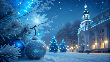 Magical winter night with glowing blue christmas trees festive ornaments and snow covered architecture in serene holiday cityscape setting