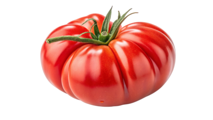 Vibrant heirloom beefsteak tomato with deep ridges and a fresh green stem on a pure for culinary use on transparent background