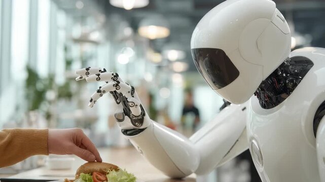 A futuristic robot with a white exterior gently takes a sandwich from a human hand, showcasing human robot collaboration. The background features a contemporary, well lit dining environment