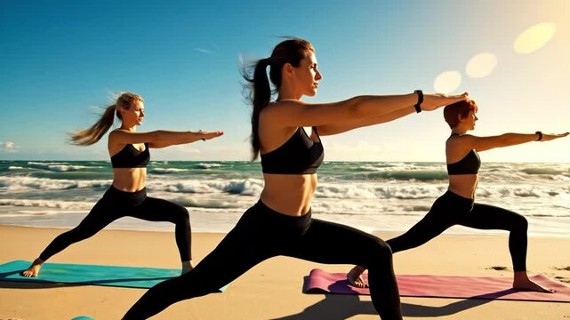 Three women in warrior yoga pose on colorful mats at the beach during sunrise