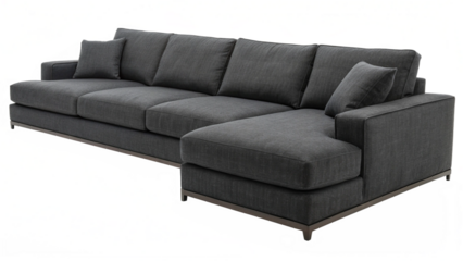 Contemporary dark gray fabric sectional sofa with chaise lounge and modern low profile base perfect for living room design on transparent background