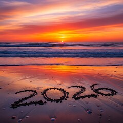 Beautiful summer sunset colors reflecting on the water, waves, and sand of the beach coast at dusk