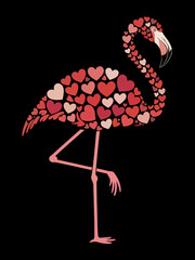 A flamingo made entirely of heart shapes stands elegantly on one leg.