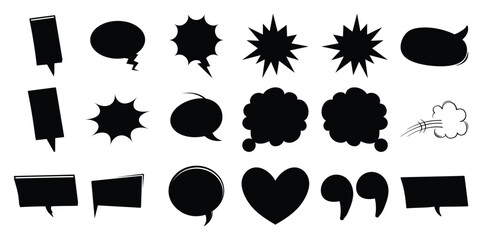 Black and white collection of various speech bubble and explosion shapes white bubbles