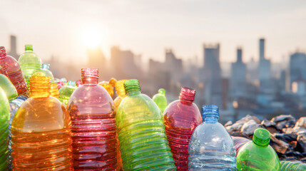 Colorful plastic bottles reflecting sunlight create a striking contrast against a blurred urban skyline at a modern landfill site
