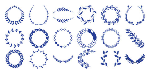 Blue botanical wreaths and garlands collection in monochromatic style leaves branches