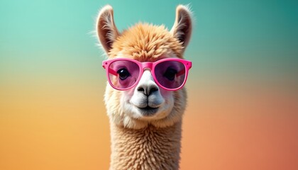 Fototapeta premium Cute fluffy llama wears pink fashion sunglasses. This animal portrait on pastel background looks happy and cool. Perfect for fun summer ads and happy animal content.