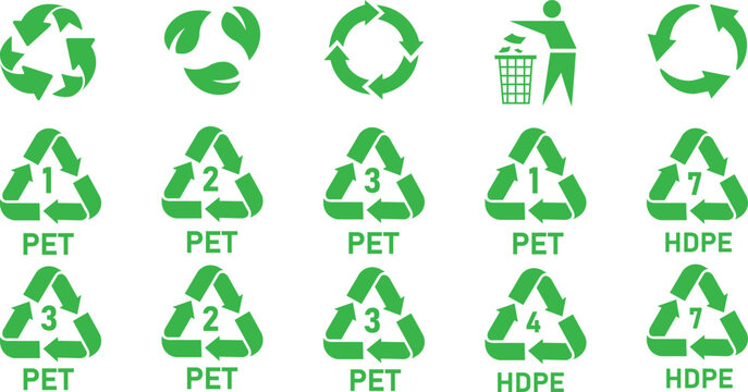 Collection of recycling codes for plastic. Set of plastic recycling codes applied to packaging. Icon of pp, pet, hdpe, code, ldpe and pvc. Triangle logos for safety and ecology. Vector illustration