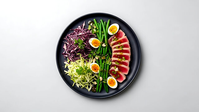 Minimalist flat lay, a modern Nicoise-inspired salad with finely shredded cabbage, seared tuna, green beans, quail eggs, arranged precisely on a slate gray plate 