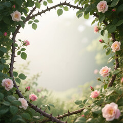 Fototapeta premium Enchanted fairytale garden frame blooming pink rose blossoms lush green foliage thorns mystical hazy background