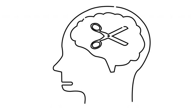 Line art of a human head with a brain containing open scissors