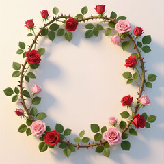 Fototapeta premium Vivid Red Pink Rosebuds Circular Wreath Sharp Thorns Green Leaves White Background Perfect Floral Border Wedding Anniversary Love
