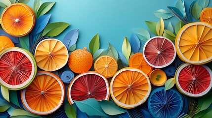 Artistic rendition featuring colorful citrus fruits and paper-like leaf accents