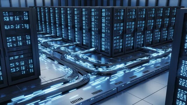 Data Flowing Through a Modern Server Room With Lit Indicators