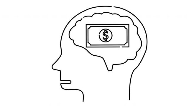 Line art of a head profile containing a brain shaped like a cloud with a dollar bill inside it