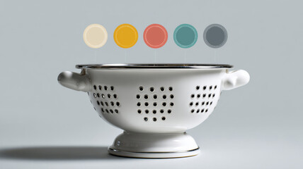 A stylish colander with colored circles above. The kitchen utensil is designed in a modern and minimalist style