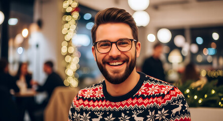 Fototapeta premium Happy Man in Holiday Sweater Smiling in Restaurant Setting